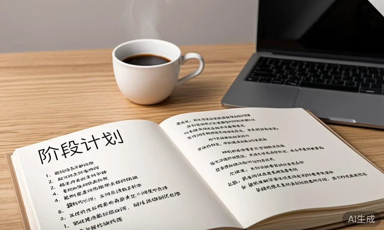 写有阶段计划和复盘要点的笔记本,旁边放着咖啡和笔记本电脑