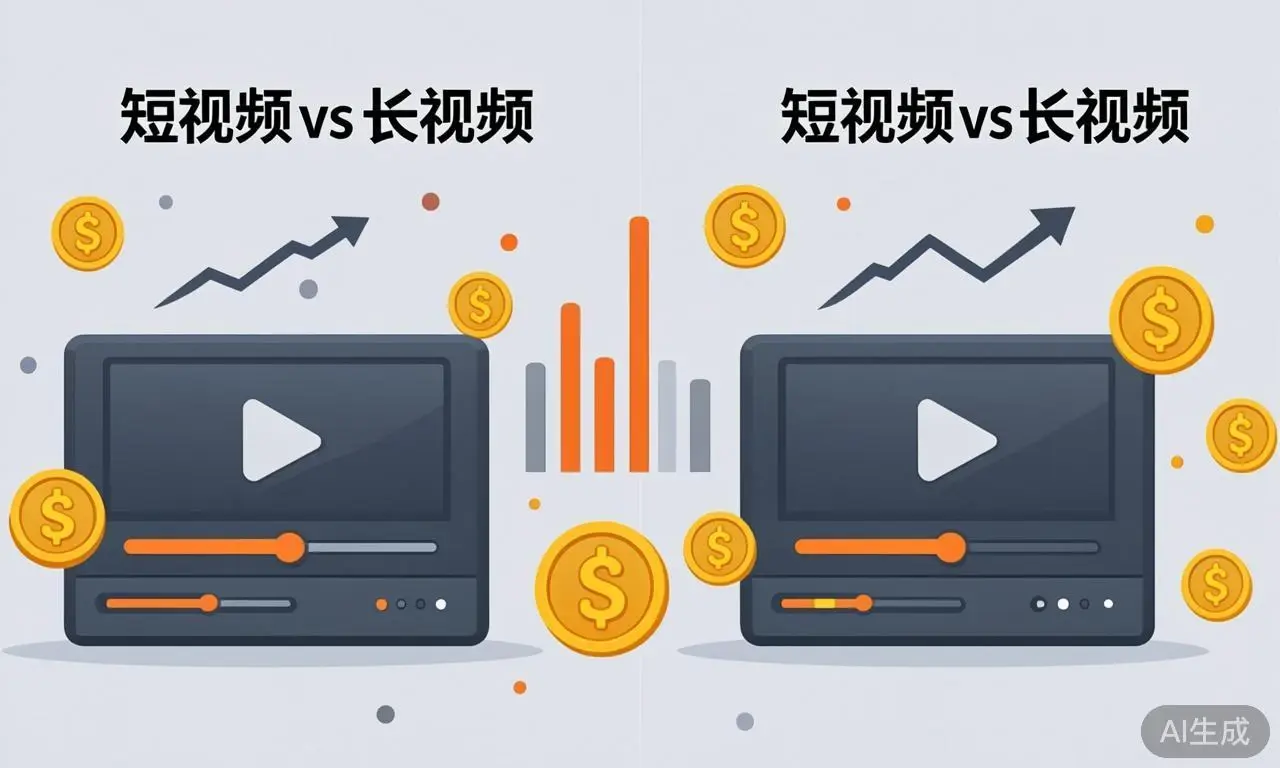 短视频与长视频变现对比的概念插画